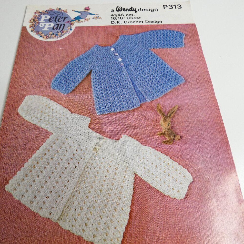 Vintage Baby Sweaters Pattern UK Peter Pan D.K. Crochet Design 16"=18" Chest DIY